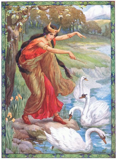 "Co viděla místo čtyř dětí" (z knihy Děti Líru) (barevná litografie) od Harry George Theaker