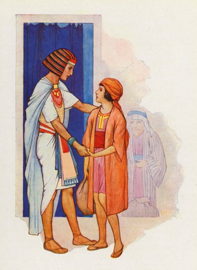 Juda přivedl Benjamína a představil ho Josefovi (barevná litografie) od Harry George Theaker