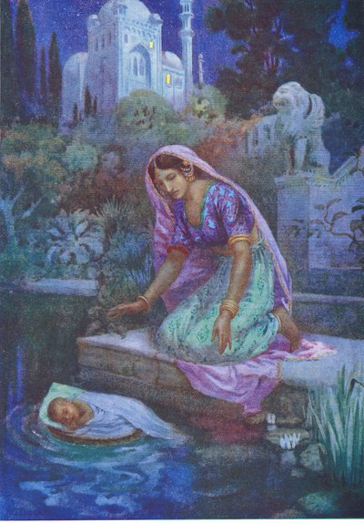 Kunti se neodvážila neuposlechnout. Z knihy Dobrodružní bratři, ilustrace z "Dětských příběhů z indických legend", asi 30. léta 20. století (barevná litografie). od Harry George Theaker