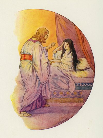 "Děvčátko," řekl, "vstaň!" (barevná litografie) od Harry George Theaker