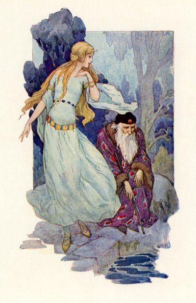 Merlin okouzlený zpěvem víly (barevná litografie) od Harry George Theaker