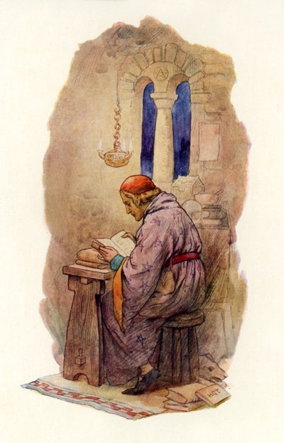 Čtení Merlina (barevná litografie) od Harry George Theaker
