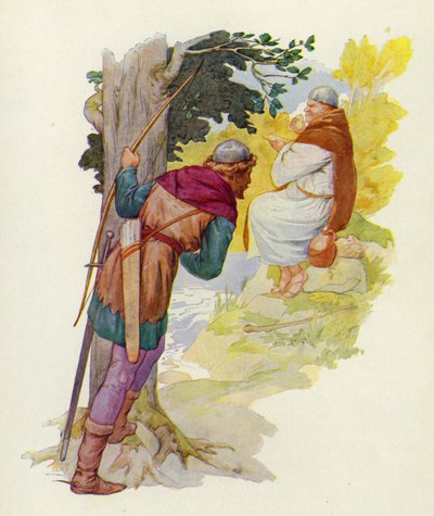 Na malém kopečku u brodu se obrovský muž zakousl do velké zvěřinové paštiky (barevná litografie). od Harry George Theaker