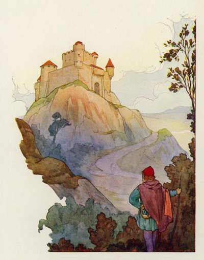 Na výšině stál Zlý hrad, Isambartův velký hrad, z něhož strašlivě vládl celé okolní zemi (barevná litografie). od Harry George Theaker