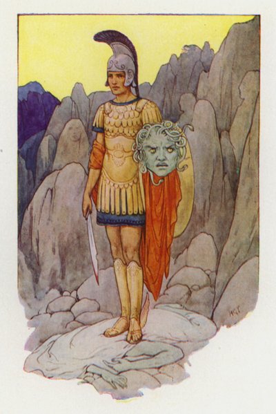 Perseus a hlava Gorgony (barevná litografie) od Harry George Theaker