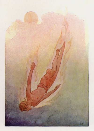 Faeton s vlasy v plamenech, padající do hluboké chladné řeky (barevná litografie) od Harry George Theaker
