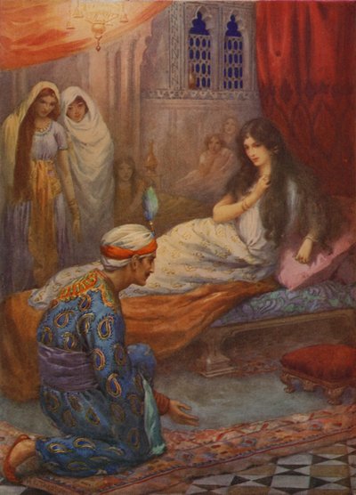 Princ Feroze-Shah probouzí krásnou princeznu (barevná litografie) od Harry George Theaker