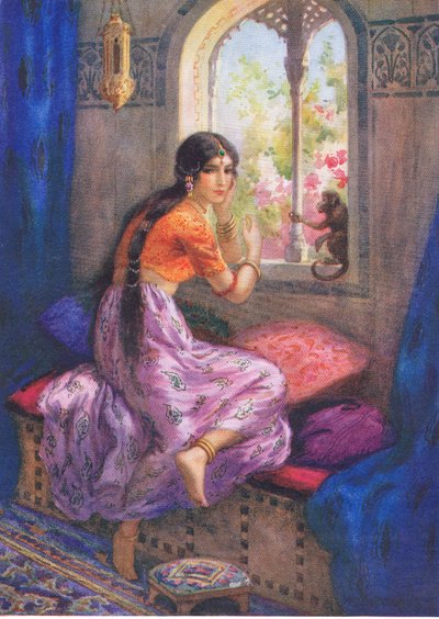 "Ráma: Ještě jednou zašeptal Hanuman". Z knihy "Dobrodružství Rámy a Síty", ilustrace z knihy "Dětské příběhy z indických legend", asi 30. léta 20. století (barevná litografie). od Harry George Theaker