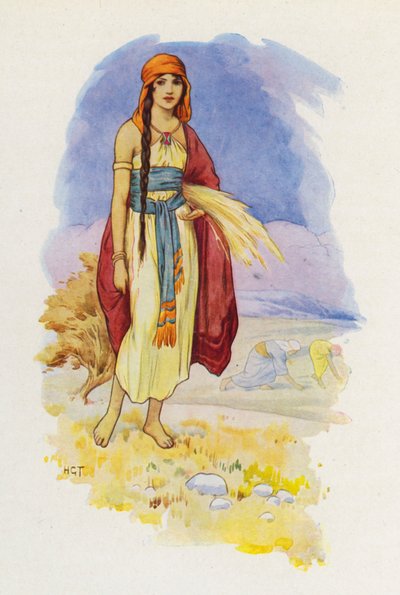Rút sbírá na poli (barevná litografie) od Harry George Theaker