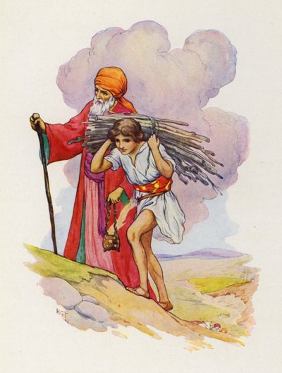Abraham a Izák stoupají bok po boku po strmé cestě (barevná litografie) od Harry George Theaker