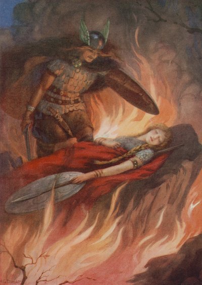 Sigurd a Brynhilda, z knihy "Meč Volsungů" (barevná litografie) od Harry George Theaker