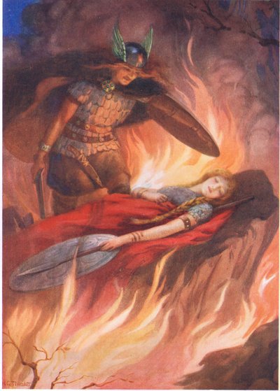 "Sigurd a Brynhilda" z knihy "Meč Volsungů" ilustrovaná v knize "Dětské příběhy ze severských legend" vydané Raphaelem Tuckem (barevná litografie) od Harry George Theaker