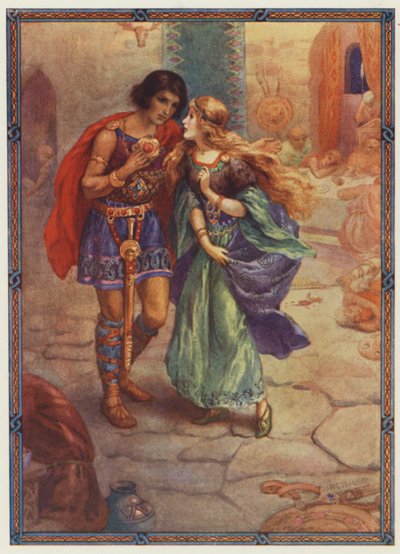 "Vezmi si mě za ženu!", Diarmuid a Grania (barevná litografie) od Harry George Theaker