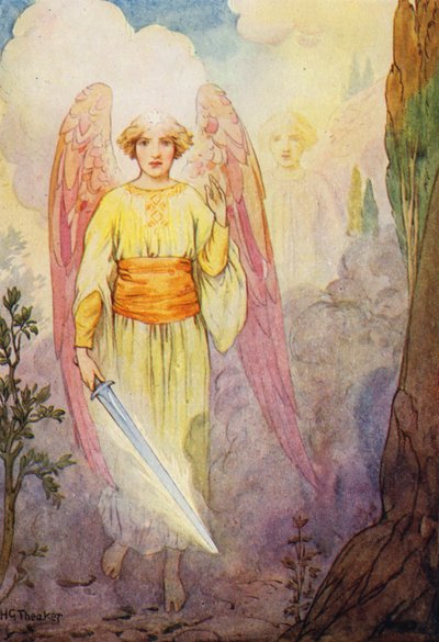 Anděl s plamenným mečem (barevná litografie) od Harry George Theaker