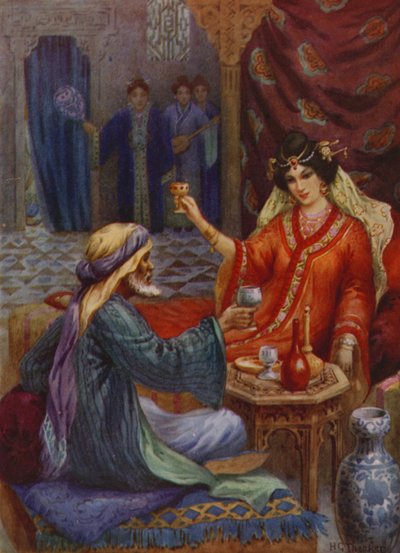 Princezna a kouzelník (barevná litografie) od Harry George Theaker