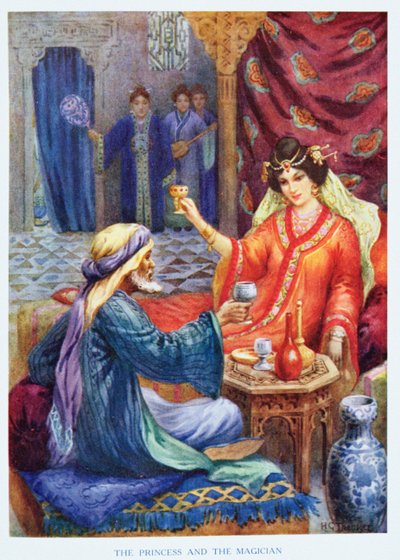 Princezna a kouzelník, ilustrace z "Dětských příběhů z arabských nocí", Rose Yeatman Woolfová, cca 1920 (barevná litografie) od Harry George Theaker