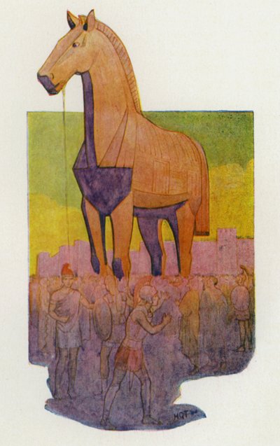 Trojský kůň (barevná litografie) od Harry George Theaker