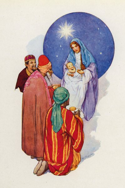 Mudrci spatřili dítě s Marií, jeho matkou, padli na zem a poklonili se mu (barevná litografie). od Harry George Theaker
