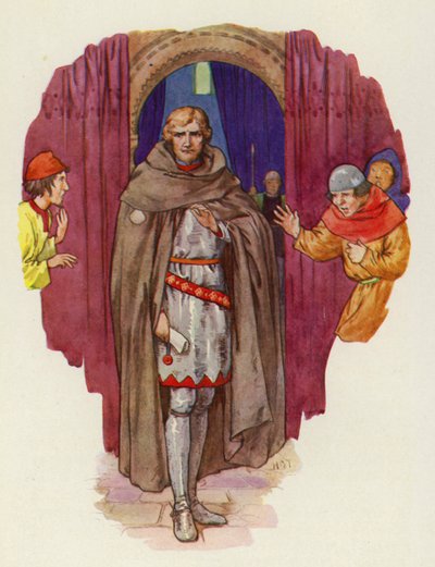 Palmer si odhrnul kápi, rozevřel plášť a ukázal se v plné zbroji (barevná litografie). od Harry George Theaker