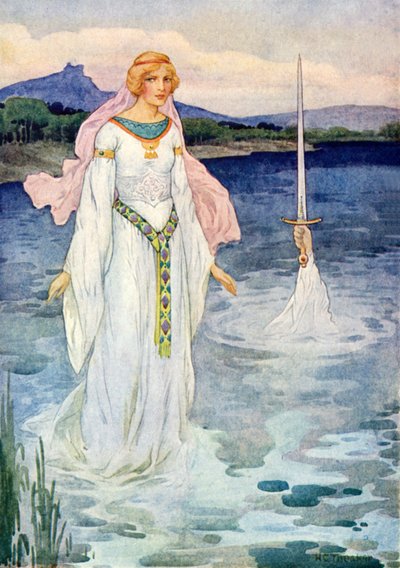 Meč a Jezerní paní (barevná litografie) od Harry George Theaker