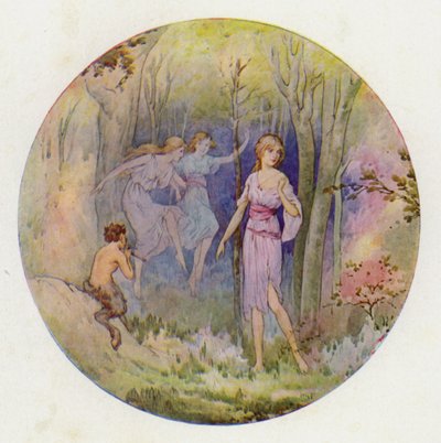Lesní nymfy, které tančily v záři slunce a měsíce (barevná litografie) od Harry George Theaker