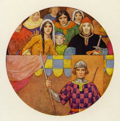 Nahoře na tribuně se sešlo skvělé shromáždění rytířů a dam (barevná litografie). od Harry George Theaker