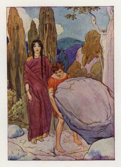 Theseus zvedá velkou skálu, pod níž leží meč a sandály (barevná litografie) od Harry George Theaker