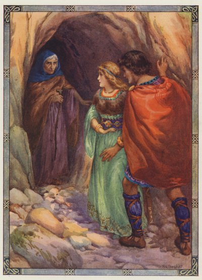 "Přišli do jeskyně u moře", Diarmuid a Grania (barevná litografie) od Harry George Theaker