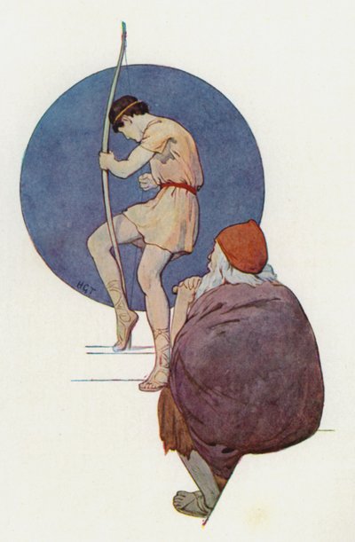 Odysseus sledoval šlechtice, jak se jeden po druhém snaží ohnout velký luk (barevná litografie). od Harry George Theaker