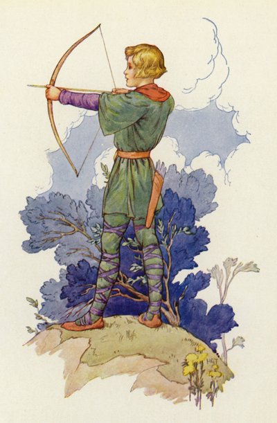 "Mladý Waltheof je teď pěkný mladý kohout," řekl Much, "slibuje, že až vyroste, bude mužem Robina Hooda." (barevná litografie) od Harry George Theaker