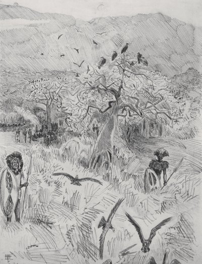 Masai Camp, kolem roku 1884 (pero na papíře) od Harry Hamilton Johnston