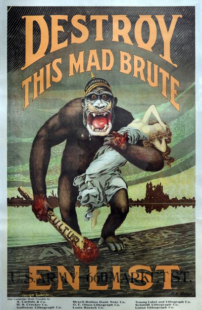 Americká vojenská náborová kampaň z 1. světové války "Zničte tohoto šíleného brute - narukujte" hospoda. 1917 od Harry R. Hopps