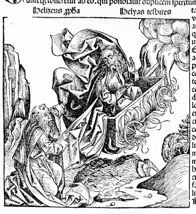 Eliáš vstává v ohnivém voze a přenechává svůj majetek Elisee. Hartmann Schedel: Kronika Norimberku. Norimberk 1497 od Hartmann Schedel