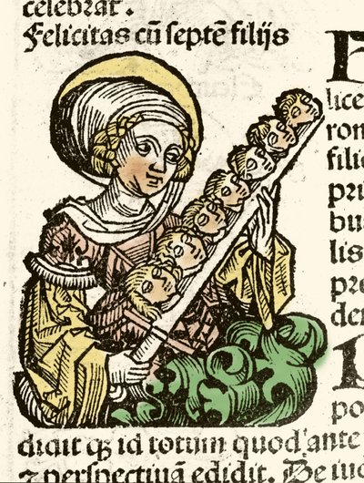 Reprezentace svaté Felicity, mučednická smrt v Římě s hlavami jeho sedmi dětí. xylografie Hartmanna Schedela "" Kroniky Norimberku """ 1493. od Hartmann Schedel