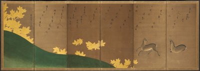 Jelen s javory, asi 1605-10 (šestidílné rozkládací plátno: tuš, barva a zlato na papíře) od Hasagawa & Sodon Tetsuzan (1531 1617) (attr.) Tohaku