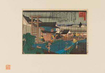 Woodblock print - Dešťová scéna v kita-shinchi v Ósace. Lidé s deštníky, 19. století od Hasegawa Sadanobu