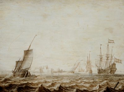 Wijdschip spouštějící plachtu na rozbouřeném moři, polovina 17. století (olej na desce) od Heerman Witmont