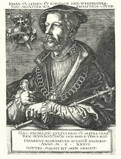 John z Leidenu, holandský anabaptistický vůdce a jeden z vůdců Munsterského povstání v letech 1534-1535 (rytina) od Heinrich (after) Aldegrever