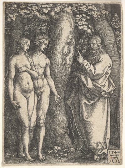 Bůh vpravo zakazuje nahému Adamovi a Evě vlevo jíst ze stromu poznání v..., 1540. od Heinrich Aldegrever
