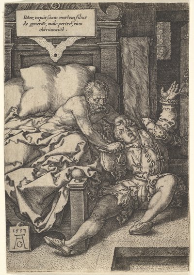 Soudce Herkinbald podřezává hrdlo svému synovci, 1553. od Heinrich Aldegrever