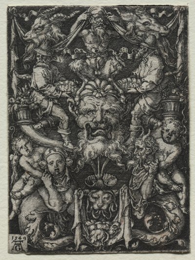 Ornament s maskou, pár tritonů a dvě děti pod nimi od Heinrich Aldegrever