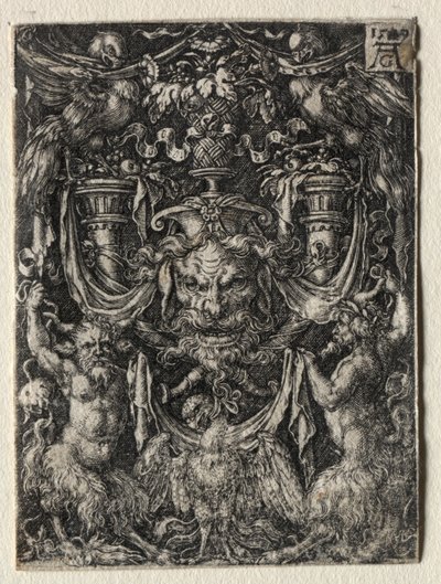 Ornamentový design s maskou a orlem mezi dvěma fauny níže od Heinrich Aldegrever