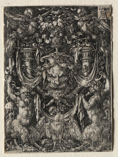 Ornamentový design s maskou a orlem mezi dvěma fauny dole, 1509. od Heinrich Aldegrever