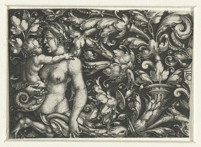 Ornament s listy liány a ženský triton s dítětem od Heinrich Aldegrever