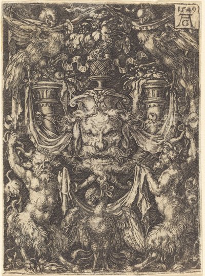 Ornament s maskou, orel mezi satyry dole od Heinrich Aldegrever