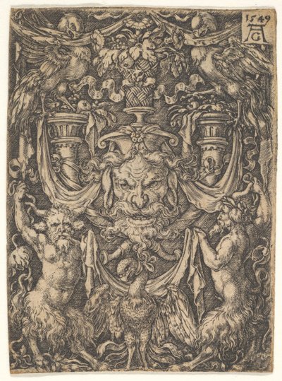 Ornamentální design s maskou a orlem mezi dvěma fauny dole, 1549. od Heinrich Aldegrever