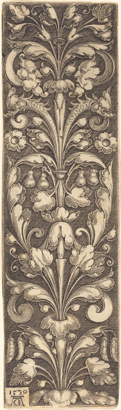 Snítka okrasných listů se dvěma maskami a dvěma delfíny, 1530. od Heinrich Aldegrever