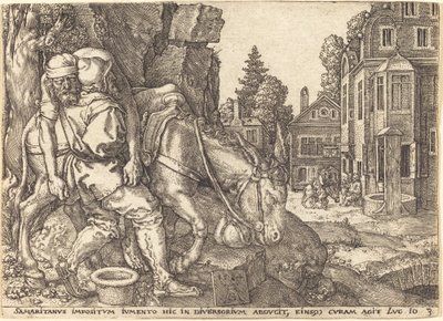 Dobrý Samaritán umisťuje cestovatele na mezka, 1554. od Heinrich Aldegrever