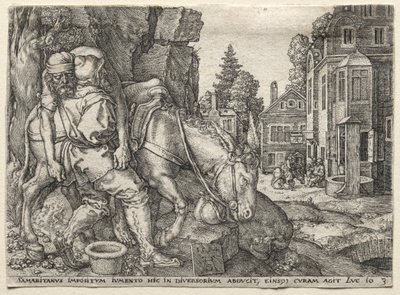Podobenství o milosrdném Samaritánovi: Dobrý Samaritán nasazuje cestovatele na osla, 1554. od Heinrich Aldegrever