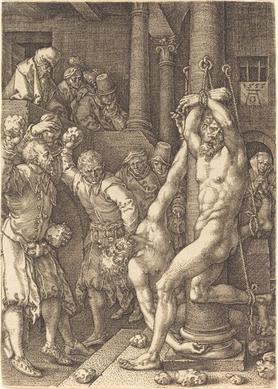 Dva starší ukamenovaní lidmi, 1555. od Heinrich Aldegrever